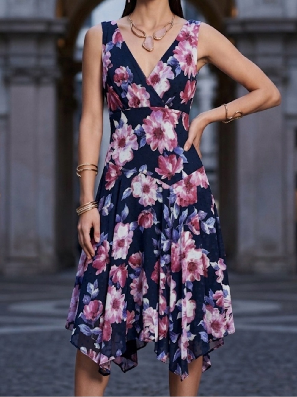 Connected Apparel Navy‎ Floral Clip Dot Handkerchief Hem Midi Dress 10 TBJ74189M